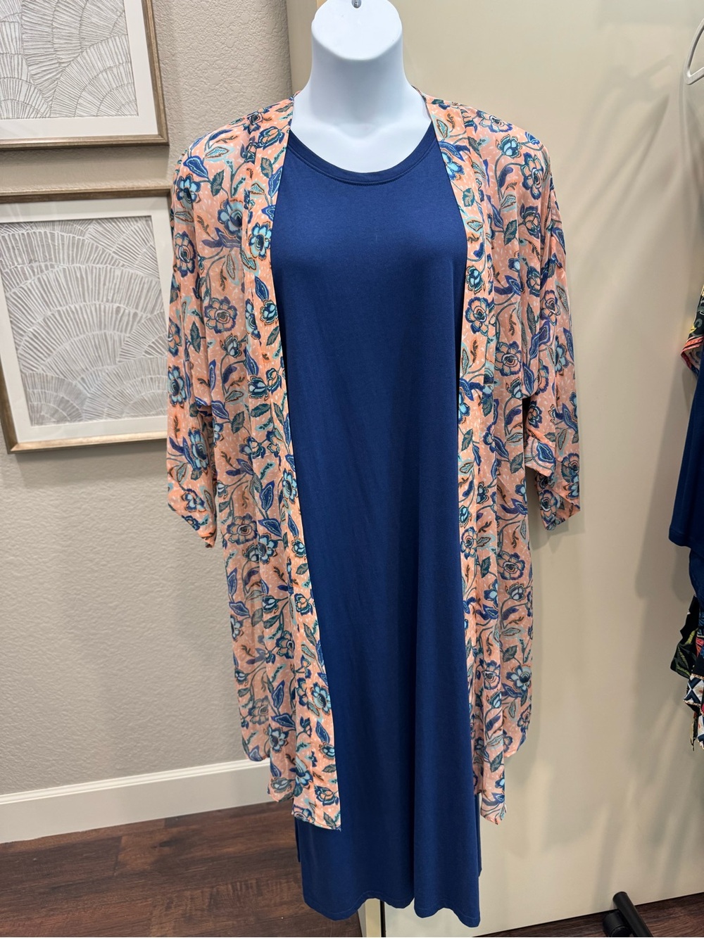 Navy Sleeveless Dress with Peach Floral Kimono